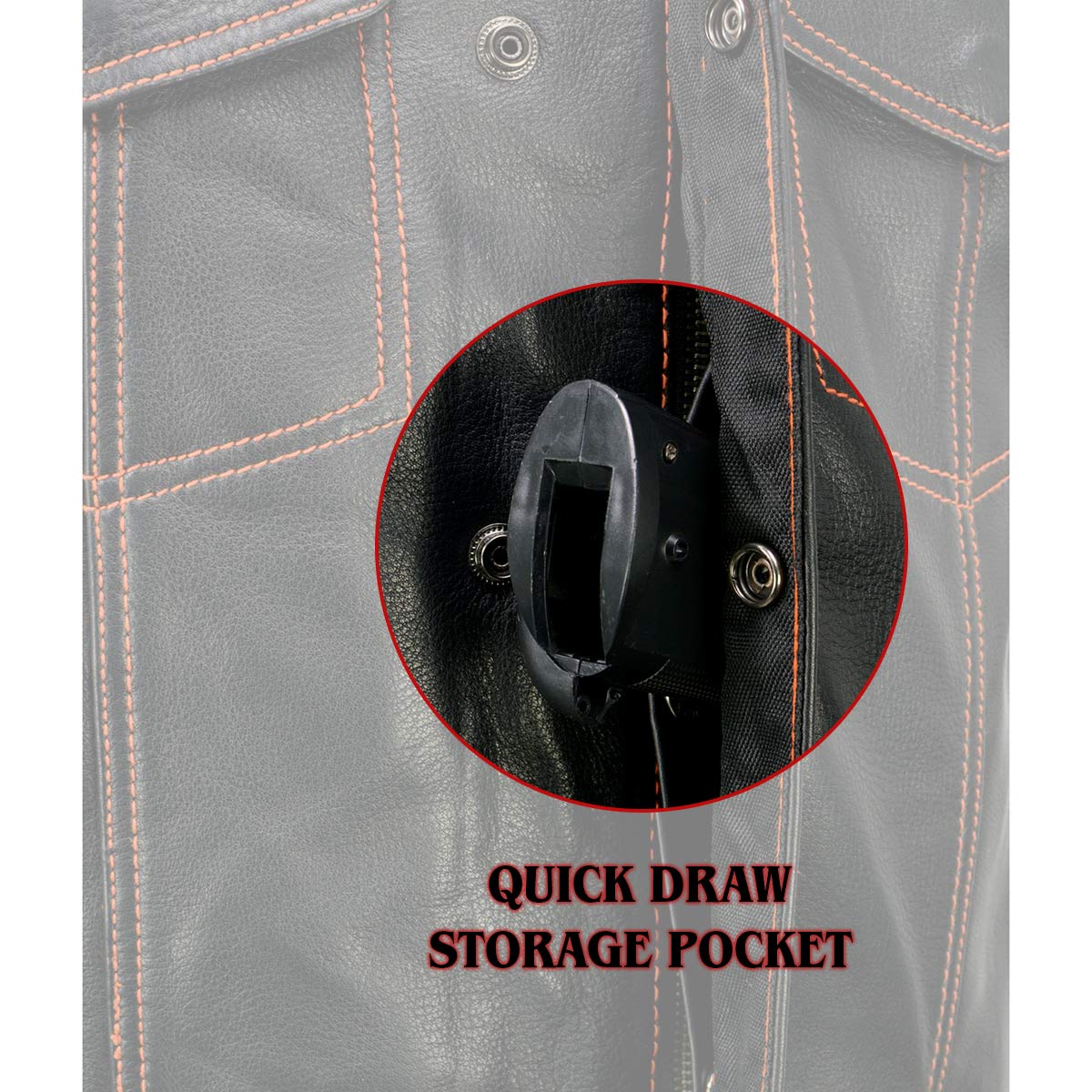 Men's Black 'Checkered Flag' Accented Orange Stitching Leather Vest – W/ Armhole Trim