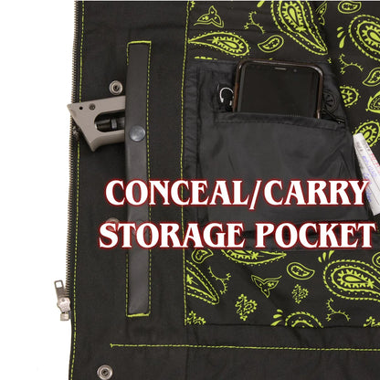 Men's Black 'Paisley' Accented Neon Green Stitching Leather Vest w/Armhole Trim
