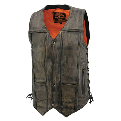 Men's Roulette Distressed Brown 10 Pocket Motorcycle Leather Vest