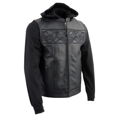 Men's '2 in 1' Black Leather Vest with Reflective Skulls