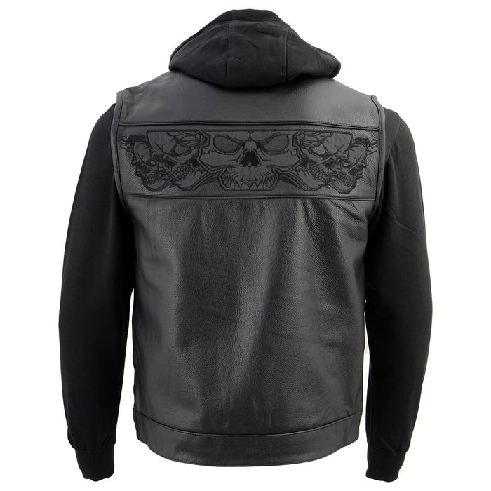 Men's '2 in 1' Black Leather Vest with Reflective Skulls