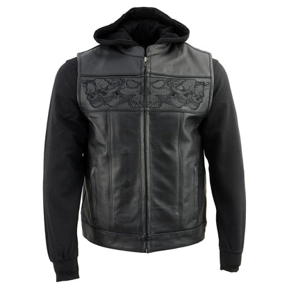 Men's '2 in 1' Black Leather Vest with Reflective Skulls