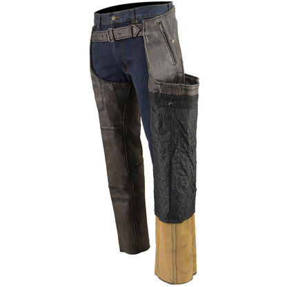 Men's Distressed Brown Leather Snap Out Thermal Lined 4-Pocket Motorcycle Chaps MLM5500