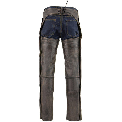 Men's Distressed Brown Leather Snap Out Thermal Lined 4-Pocket Motorcycle Chaps MLM5500