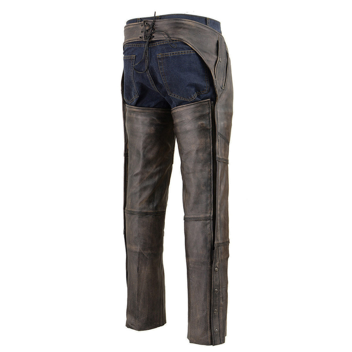 Men's Distressed Brown Leather Snap Out Thermal Lined 4-Pocket Motorcycle Chaps MLM5500