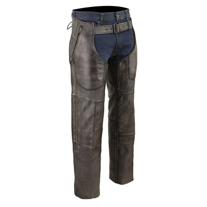 Men's Distressed Brown Leather Snap Out Thermal Lined 4-Pocket Motorcycle Chaps MLM5500