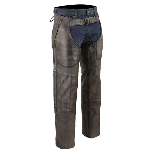 Men's Distressed Brown Leather Snap Out Thermal Lined 4-Pocket Motorcycle Chaps MLM5500