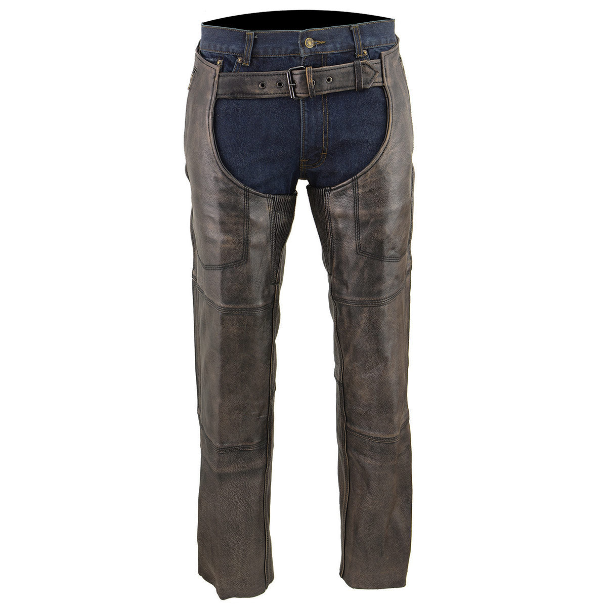 Men's Distressed Brown Leather Snap Out Thermal Lined 4-Pocket Motorcycle Chaps MLM5500