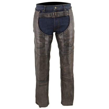Men's Distressed Brown Leather Snap Out Thermal Lined 4-Pocket Motorcycle Chaps MLM5500