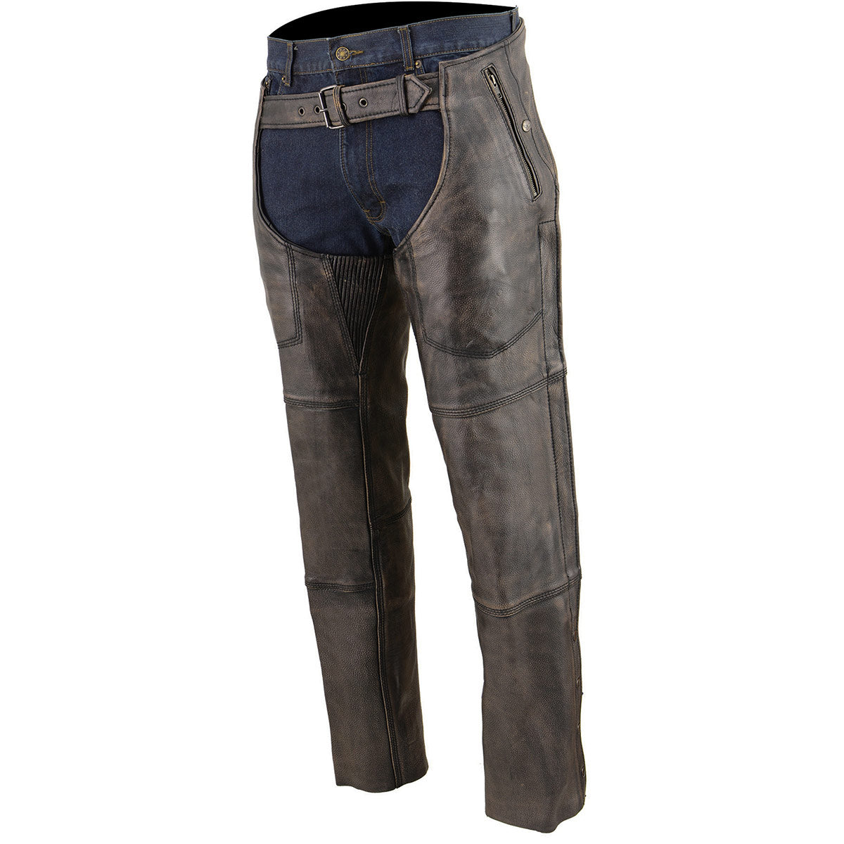 Men's Distressed Brown Leather Snap Out Thermal Lined 4-Pocket Motorcycle Chaps MLM5500
