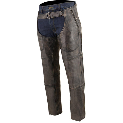 Men's Distressed Brown Leather Snap Out Thermal Lined 4-Pocket Motorcycle Chaps MLM5500