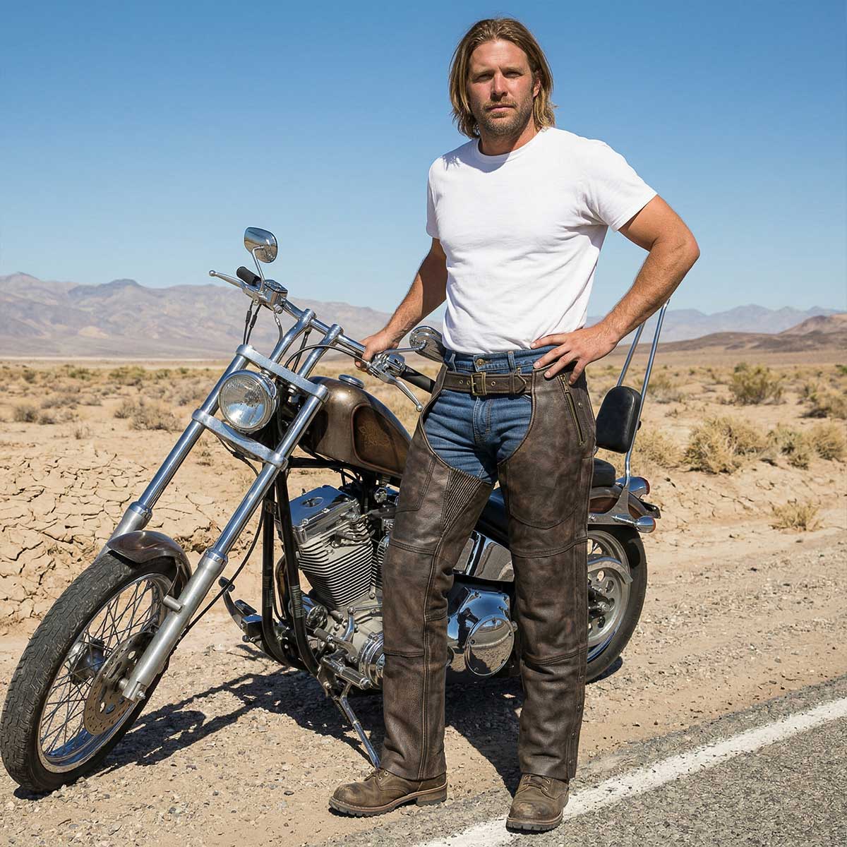 Men's Distressed Brown Leather Snap Out Thermal Lined 4-Pocket Motorcycle Chaps MLM5500