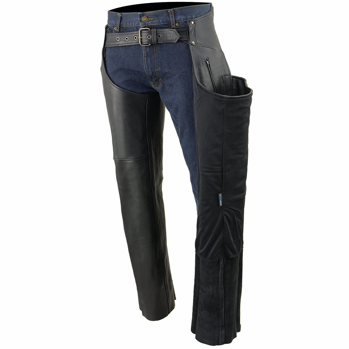Men's Black Premium Leather Motorcycle Rider Chaps With Cool-Tec Treatment Zippered Pockets MLM5502