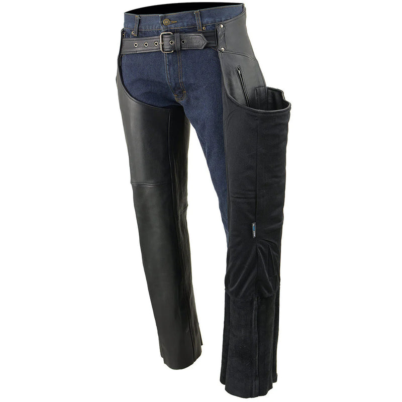 Men's Black 'Cool-Tec' Motorcycle Leather Chaps with Zippered Thigh Pockets