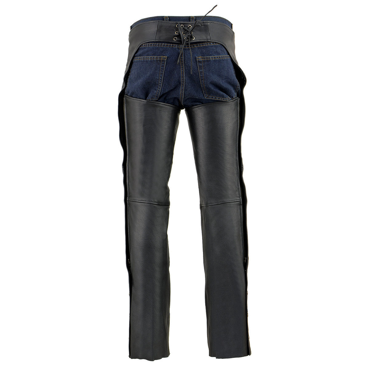 Men's Black Premium Leather Motorcycle Rider Chaps With Cool-Tec Treatment Zippered Pockets MLM5502