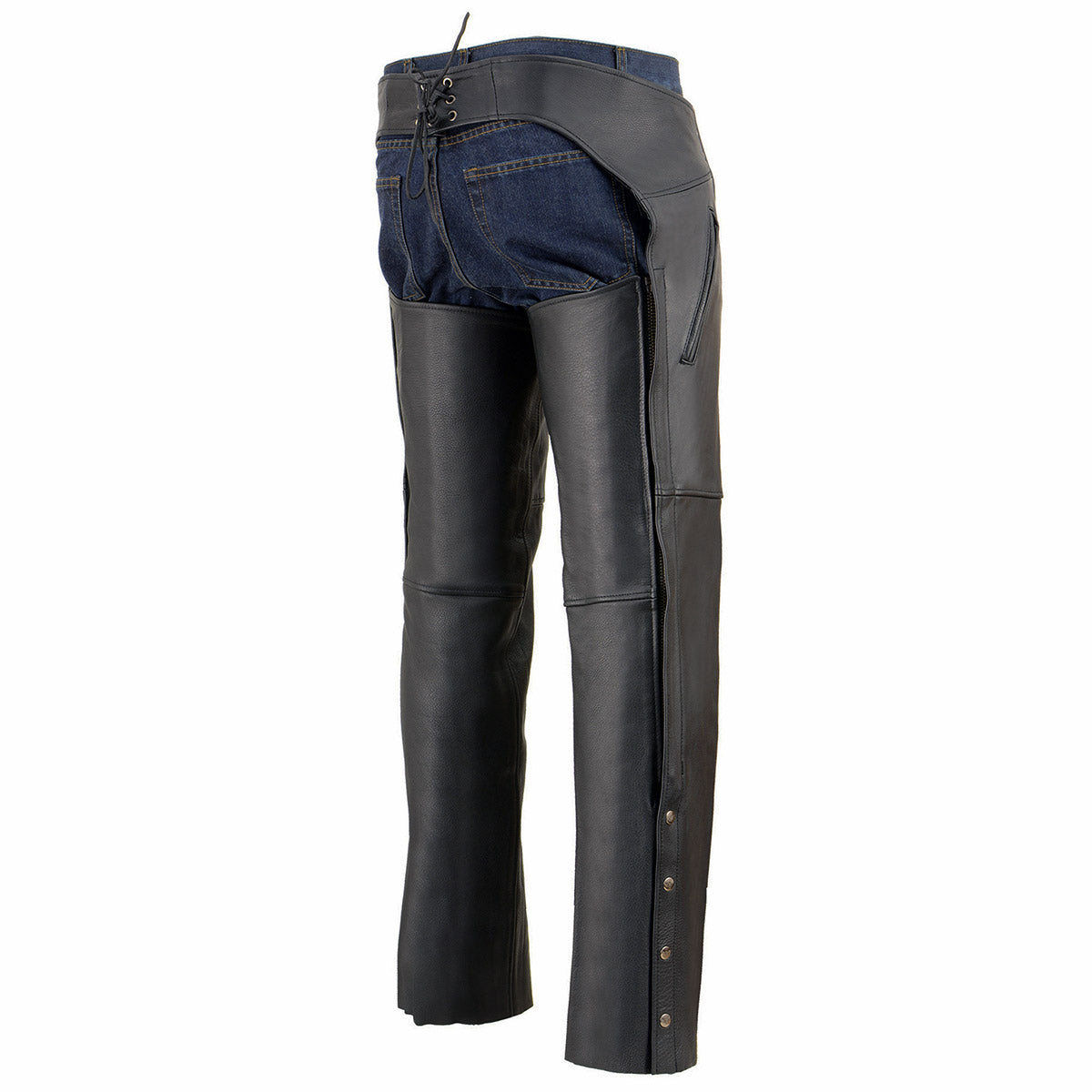 Men's Black Premium Leather Motorcycle Rider Chaps With Cool-Tec Treatment Zippered Pockets MLM5502
