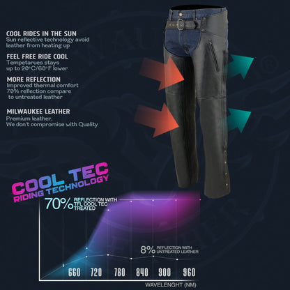 Men's Black Premium Leather Motorcycle Rider Chaps With Cool-Tec Treatment Zippered Pockets MLM5502