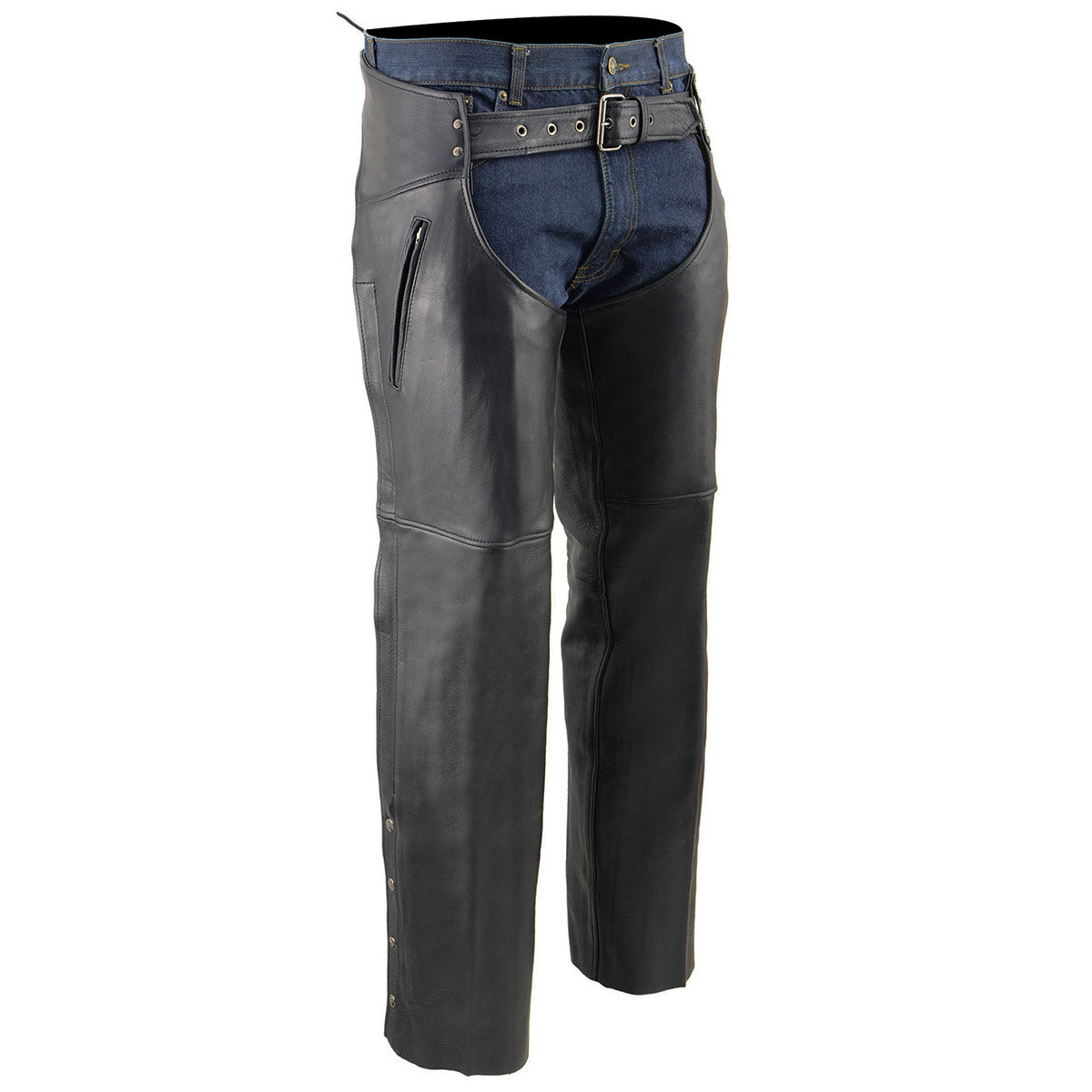 Men's Black Premium Leather Motorcycle Rider Chaps With Cool-Tec Treatment Zippered Pockets MLM5502