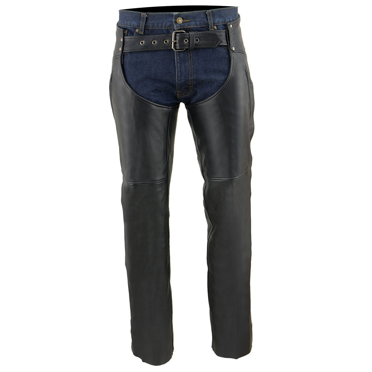 Men's Black Premium Leather Motorcycle Rider Chaps With Cool-Tec Treatment Zippered Pockets MLM5502