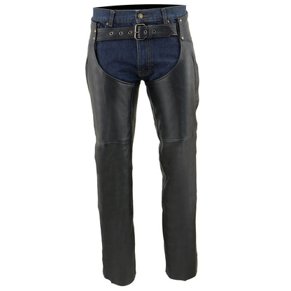Men's Black Premium Leather Motorcycle Rider Chaps With Cool-Tec Treatment Zippered Pockets MLM5502
