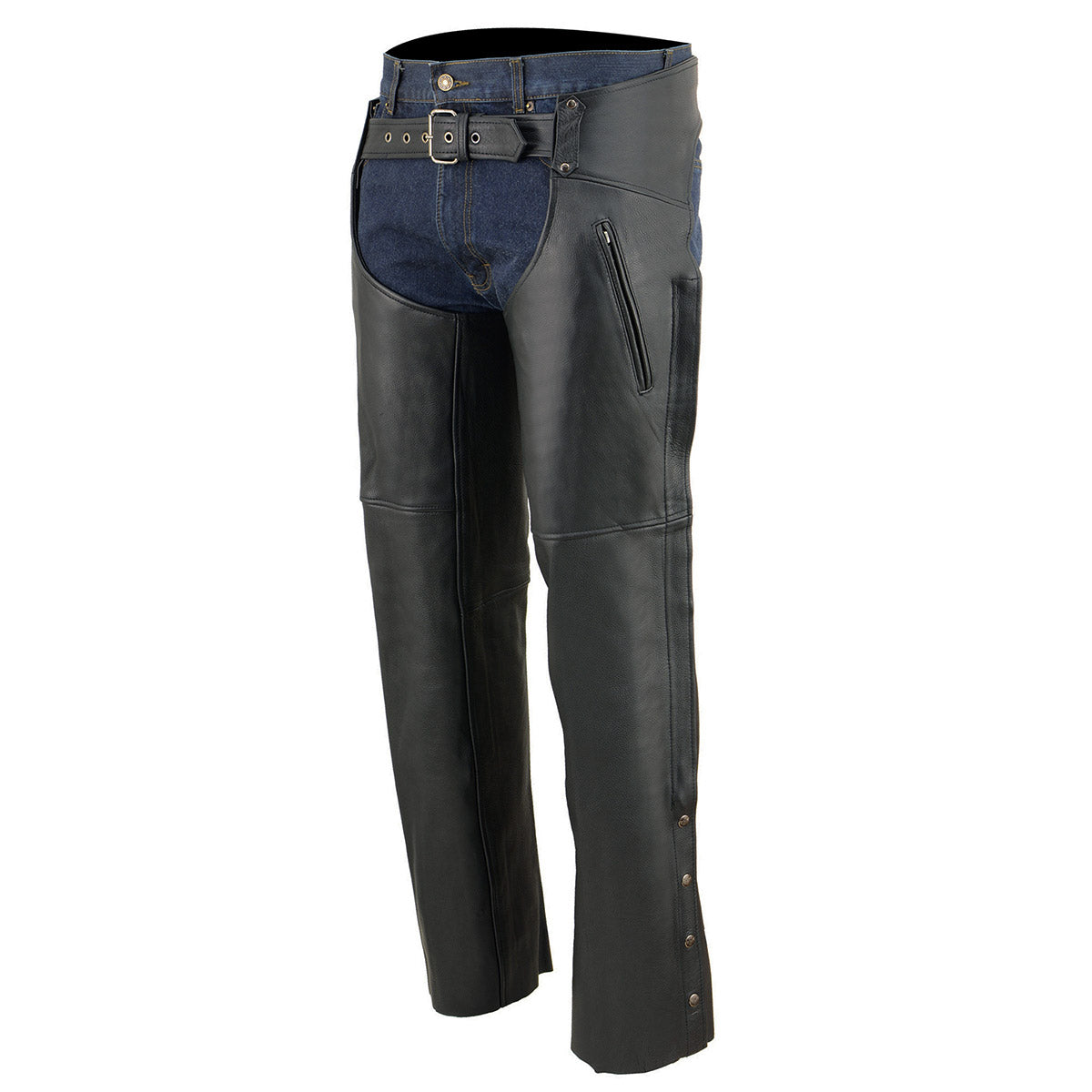 Men's Black Premium Leather Motorcycle Rider Chaps With Cool-Tec Treatment Zippered Pockets MLM5502