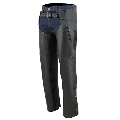 Men's Black Premium Leather Motorcycle Rider Chaps With Cool-Tec Treatment Zippered Pockets MLM5502