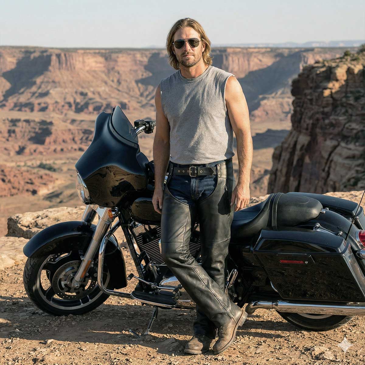 Men's Black Premium Leather Motorcycle Rider Chaps With Cool-Tec Treatment Zippered Pockets MLM5502