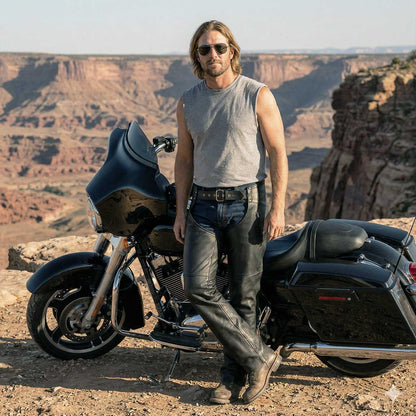 Men's Black Premium Leather Motorcycle Rider Chaps With Cool-Tec Treatment Zippered Pockets MLM5502