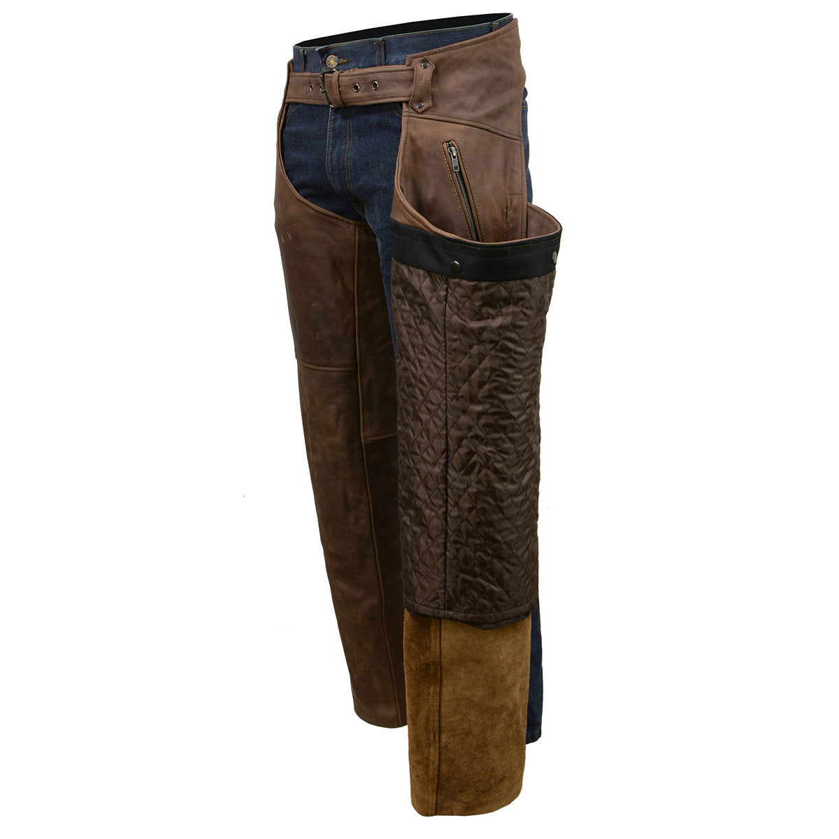 Men's Vintage Crazy Horse Brown Leather Chaps with Removable Thermal Liner MLM5518