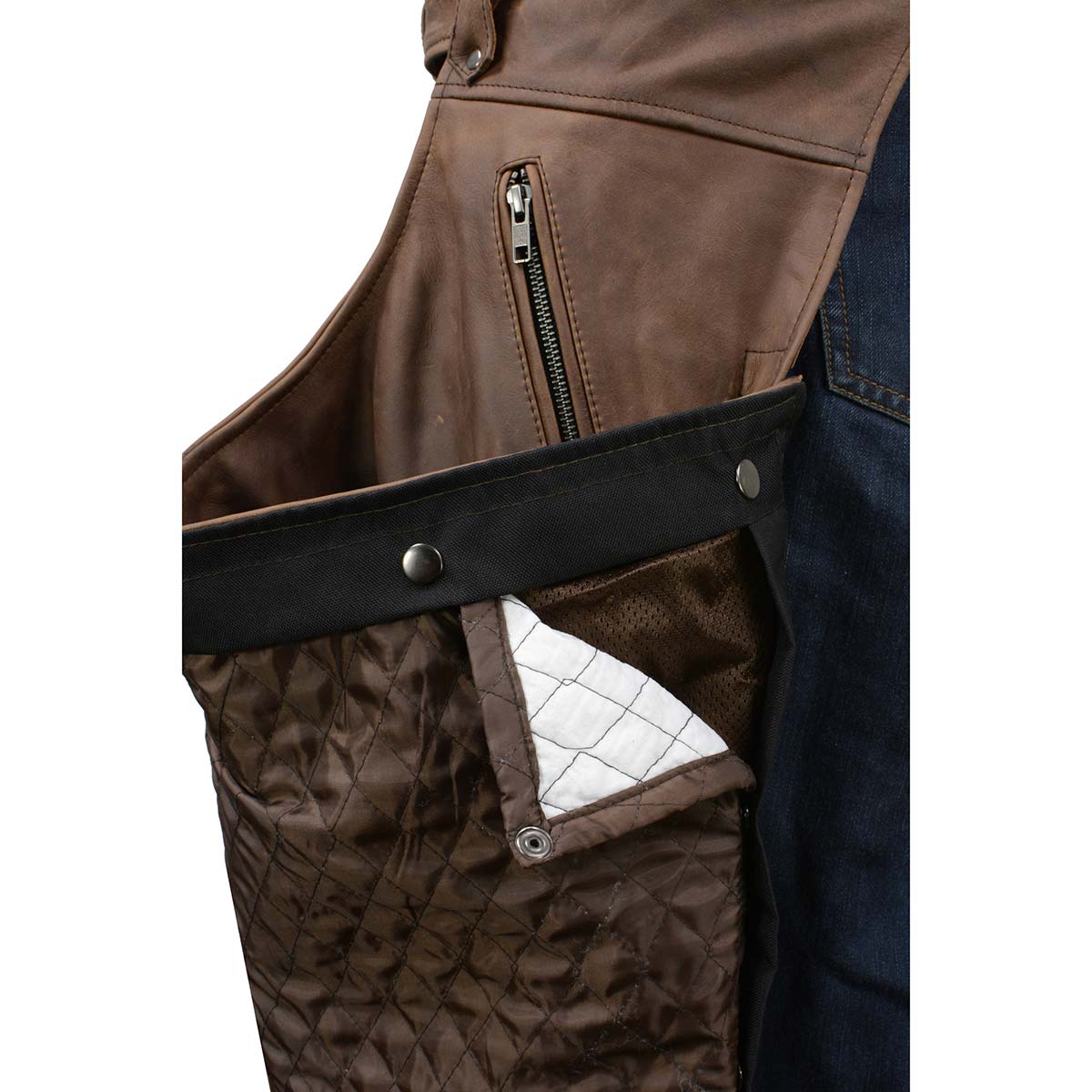 Men's Vintage Crazy Horse Brown Leather Chaps with Removable Thermal Liner MLM5518