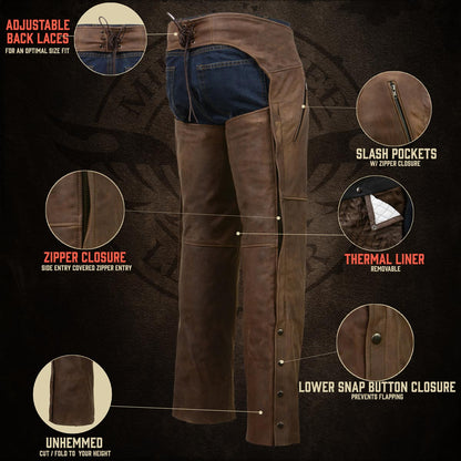 Men's Vintage Crazy Horse Brown Leather Chaps with Removable Thermal Liner MLM5518