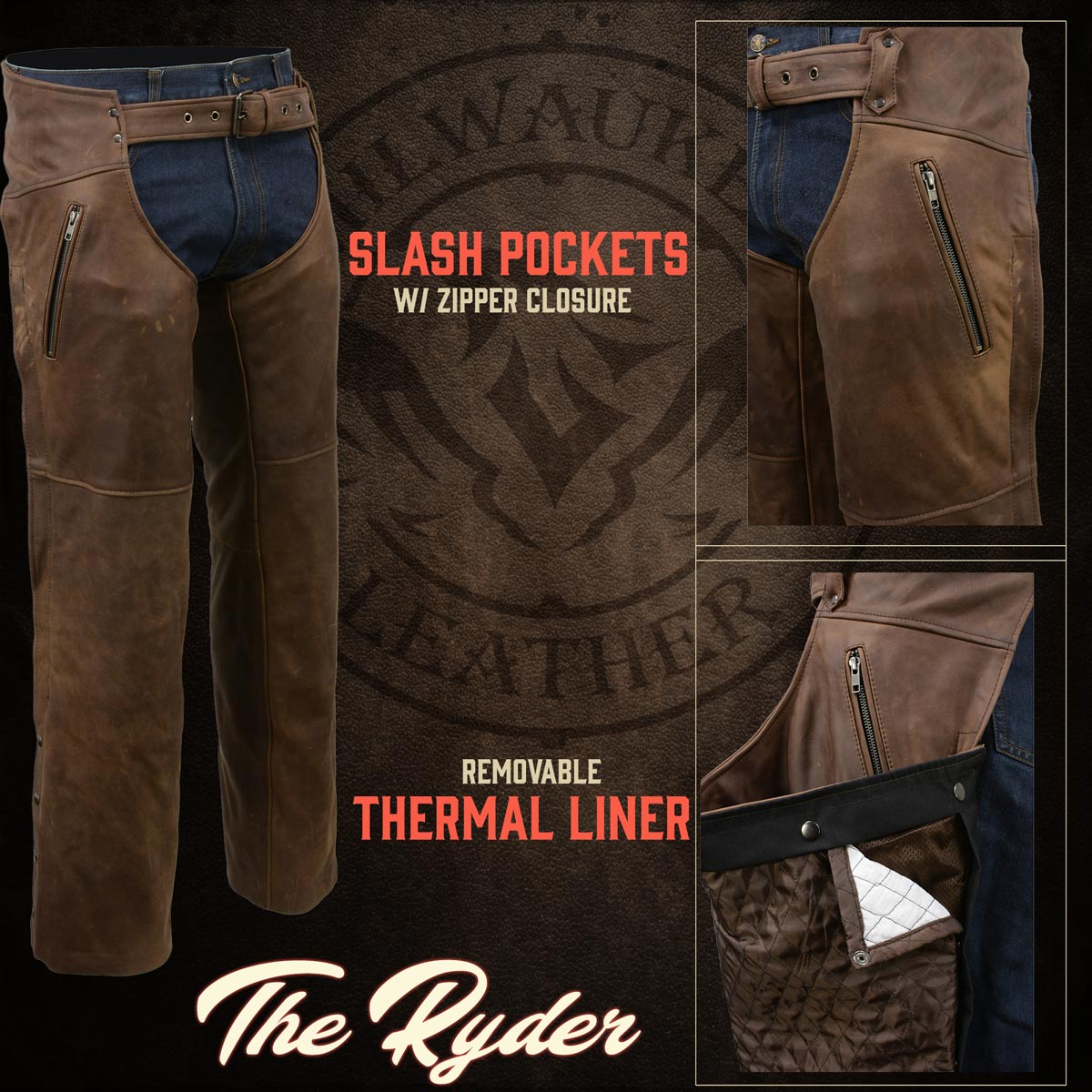 Men's Vintage Crazy Horse Brown Leather Chaps with Removable Thermal Liner MLM5518