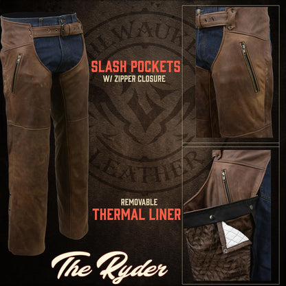 Men's Vintage Crazy Horse Brown Leather Chaps with Removable Thermal Liner MLM5518