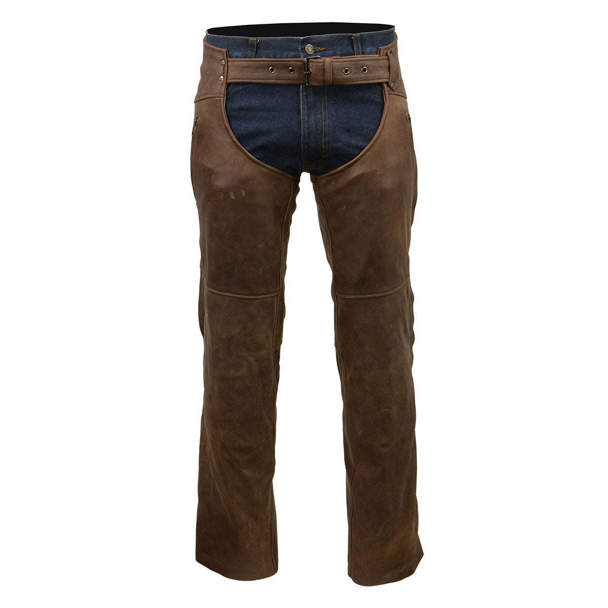 Men's Vintage Crazy Horse Brown Leather Chaps with Removable Thermal Liner MLM5518