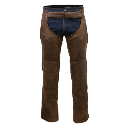 Men's Vintage Crazy Horse Brown Leather Chaps with Removable Thermal Liner MLM5518