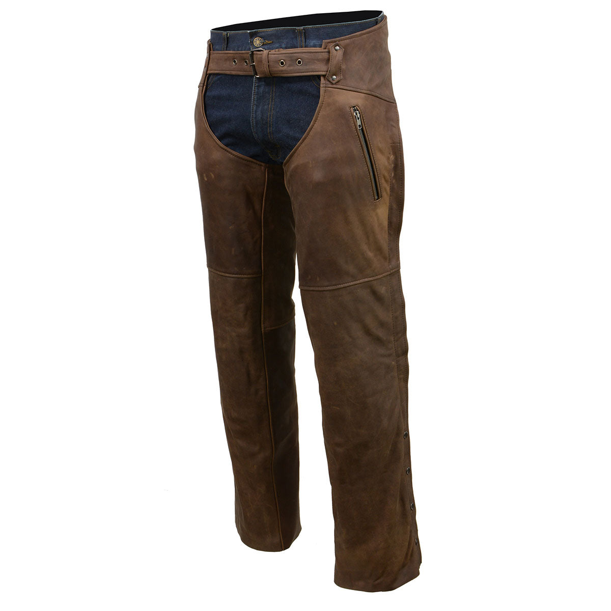 Men's Vintage Crazy Horse Brown Leather Chaps with Removable Thermal Liner MLM5518