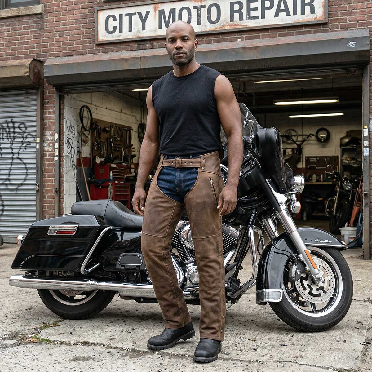 Men's Vintage Crazy Horse Brown Leather Chaps with Removable Thermal Liner MLM5518
