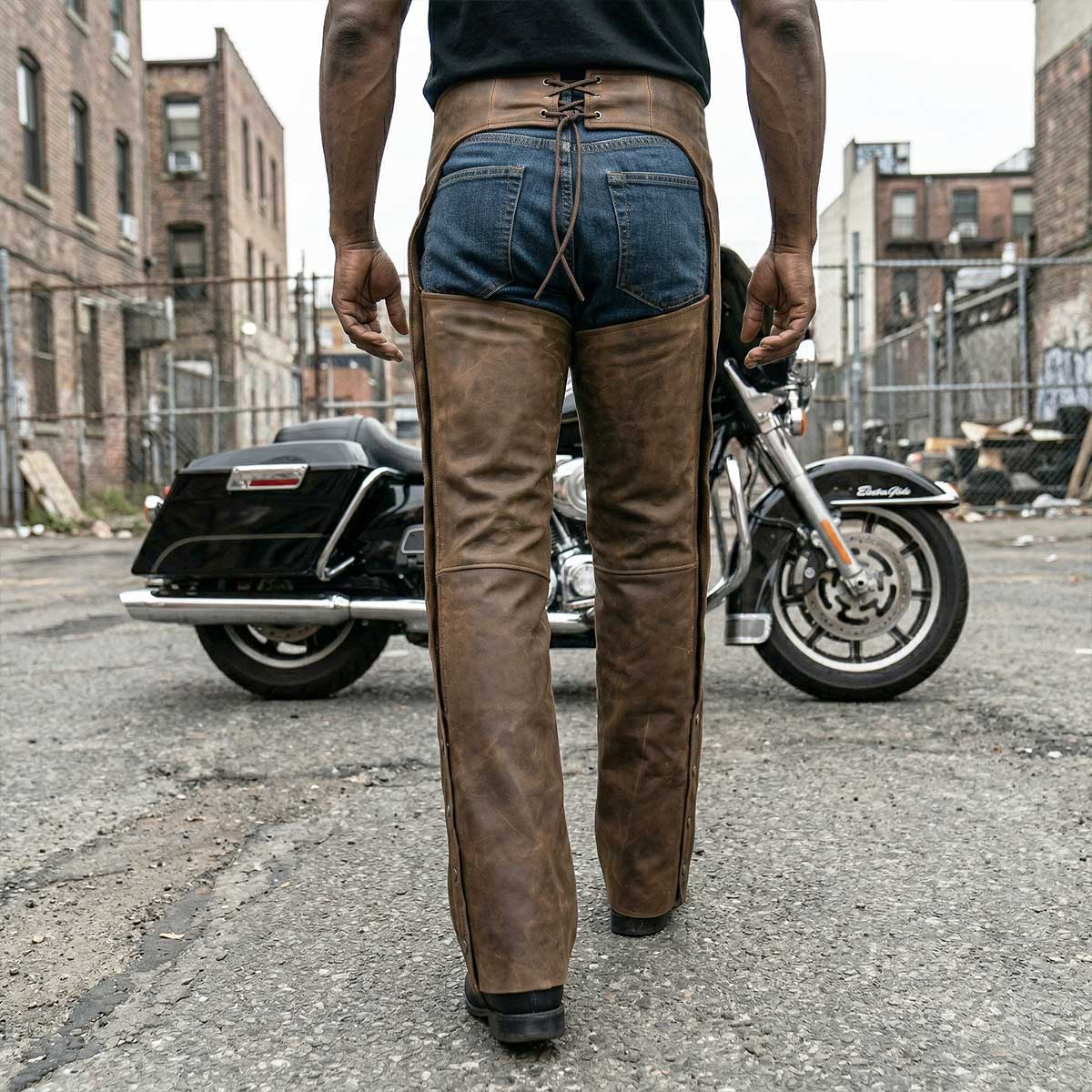 Men's Vintage Crazy Horse Brown Leather Chaps with Removable Thermal Liner MLM5518
