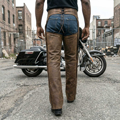 Men's Vintage Crazy Horse Brown Leather Chaps with Removable Thermal Liner MLM5518