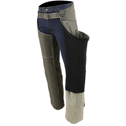 Men's Vintage Distressed Grey Slate Leather Chaps Deep Zippered Thigh Pockets MLM5536