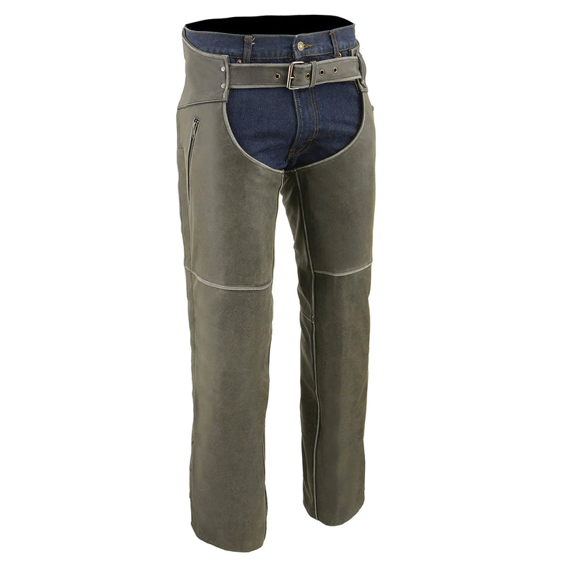 Men's Vintage Grey Slate Leather Chaps with Deep Thigh Pockets