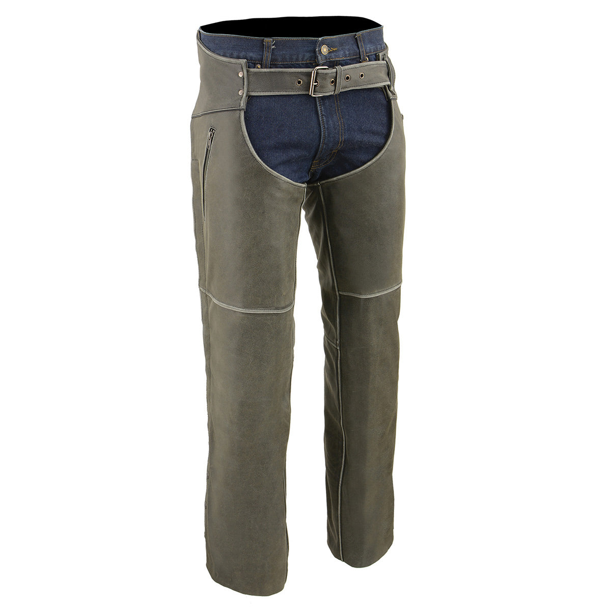 Men's Vintage Distressed Grey Slate Leather Chaps Deep Zippered Thigh Pockets MLM5536