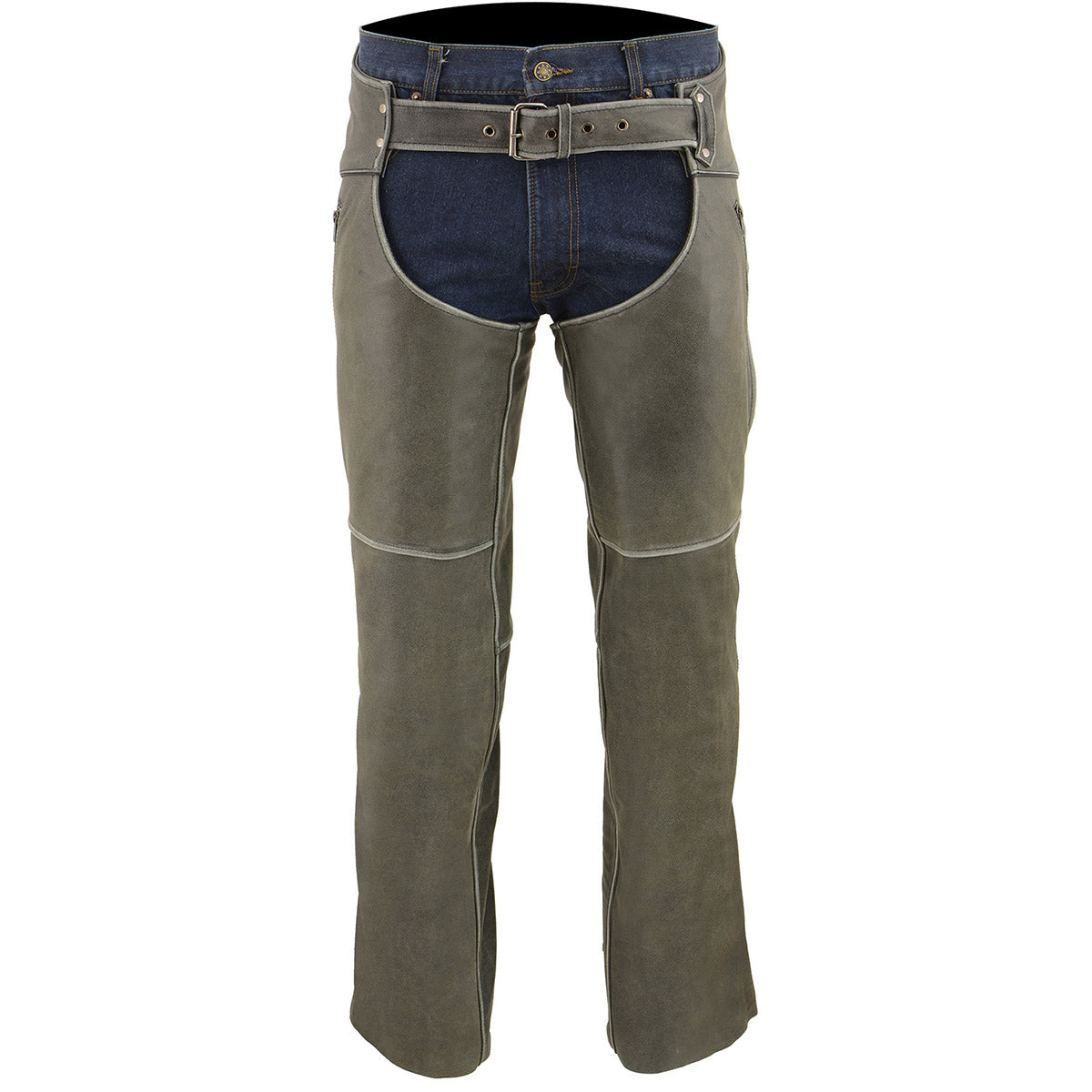 Men's Vintage Distressed Grey Slate Leather Chaps Deep Zippered Thigh Pockets MLM5536