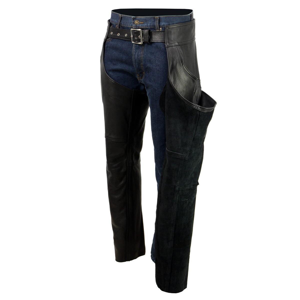 Men's Black Enfold Classic Premium Leather Motorcycle Chaps with Jean Pockets MLM5570