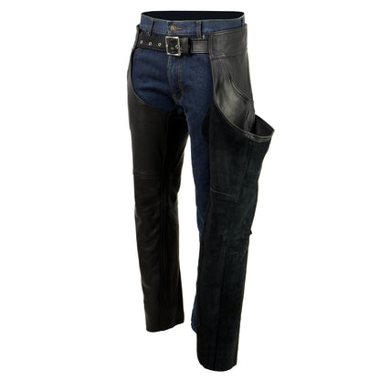 Men's Black Enfold Classic Premium Leather Motorcycle Chaps with Jean Pockets MLM5570