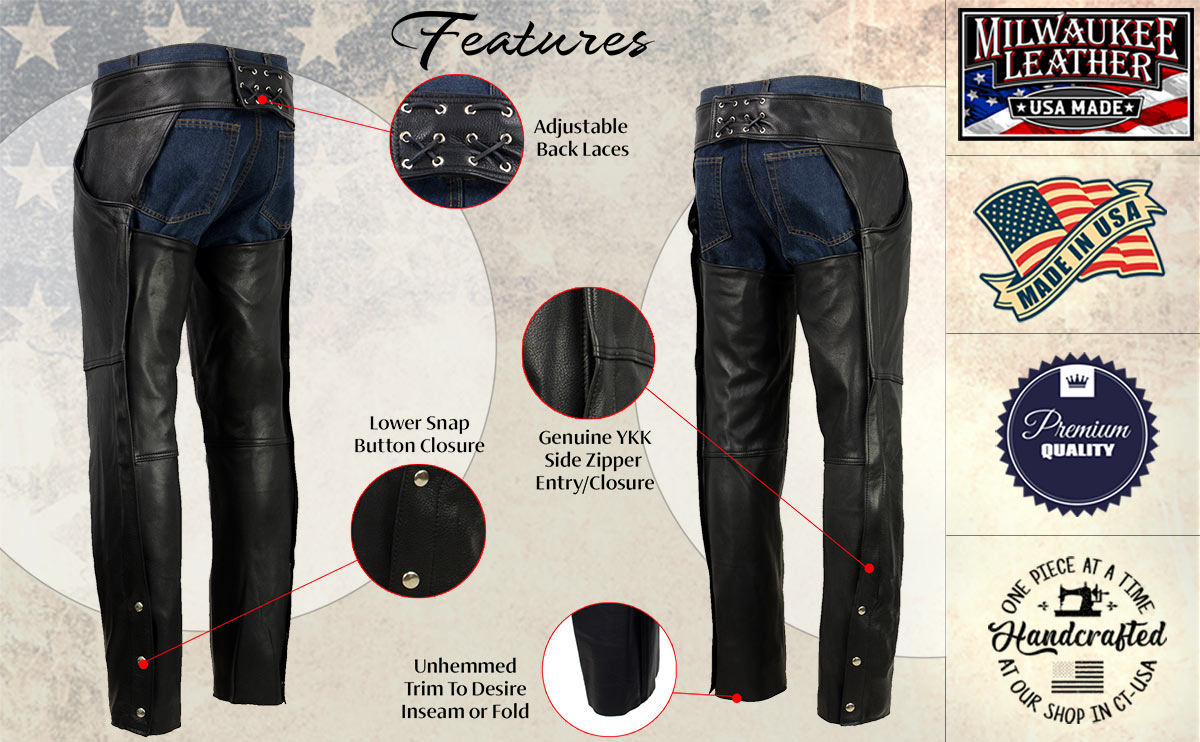 Men's Black Enfold Classic Premium Leather Motorcycle Chaps with Jean Pockets MLM5570