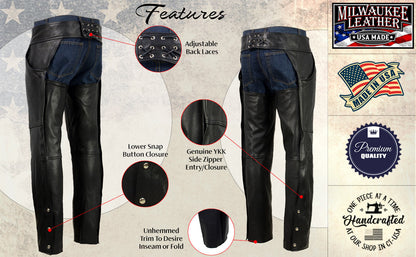 Men's Black Enfold Classic Premium Leather Motorcycle Chaps with Jean Pockets MLM5570