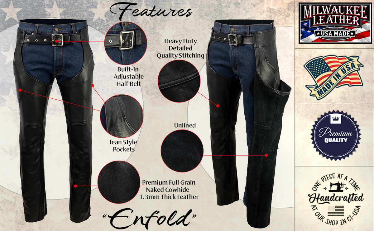Men's Black Enfold Classic Premium Leather Motorcycle Chaps with Jean Pockets MLM5570