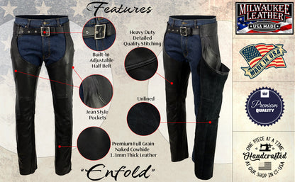 Men's Black Enfold Classic Premium Leather Motorcycle Chaps with Jean Pockets MLM5570