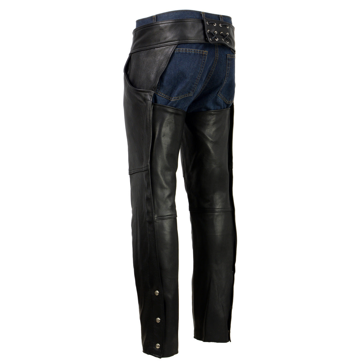 Men's Black Enfold Classic Premium Leather Motorcycle Chaps with Jean Pockets MLM5570
